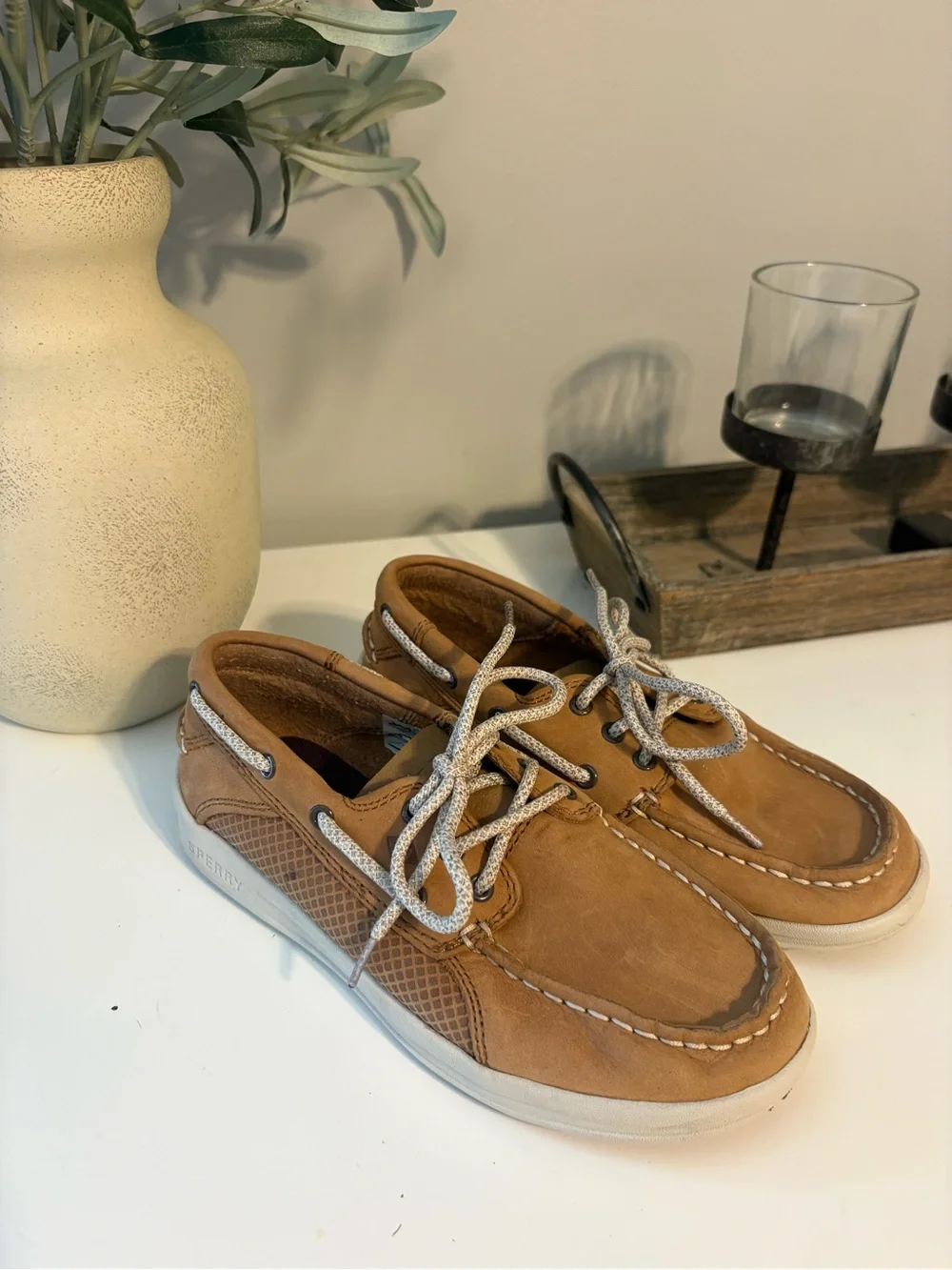Kids Tan Sperry Boat Shoes with Contrast Laces